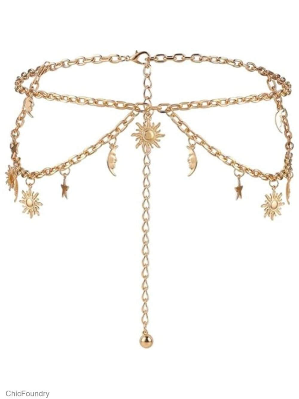 Double Layered Gold Waist Chain for Women with Moon Star Sun Pendant